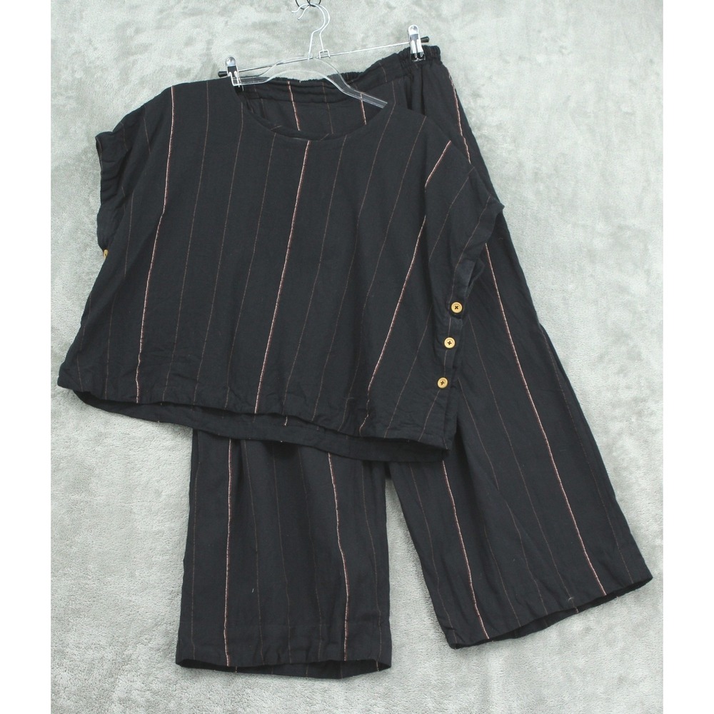 Liz Alig Pant Set Womens XL Katie Wide Leg Cropped Stripe Lagenlook Button Boho